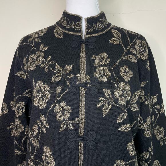 Talbots Size M Black and Gold 100% Merino Wool Cardigan Mandarin Collar Sweater - Picture 3 of 9
